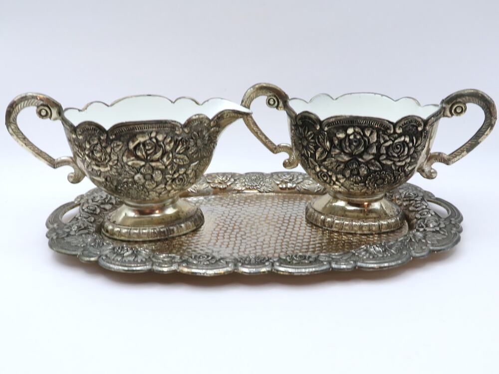 Vintage Cream Sugar Set w Tray, A Price Imports Japan Floral Silver Tone by APCO